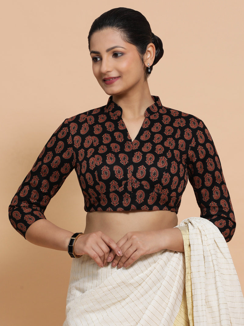 Inaaya x Rozaana | Three Quarter Sleeves Cotton Saree Blouse in Black Mango Block Print Fabric-Binks