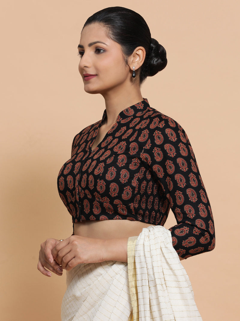 Inaaya x Rozaana | Three Quarter Sleeves Cotton Saree Blouse in Black Mango Block Print Fabric-Binks