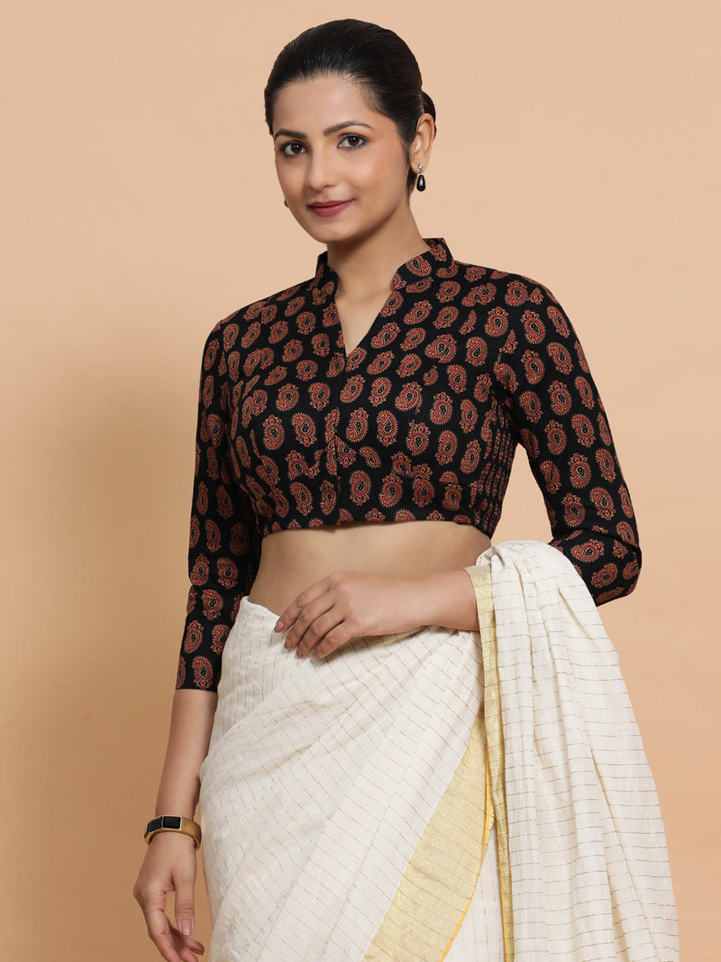 Inaaya x Rozaana | Three Quarter Sleeves Cotton Saree Blouse in Black Mango Block Print Fabric-Binks