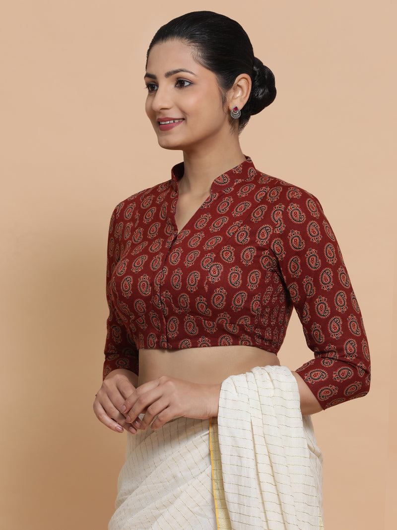 Inaaya x Rozaana | Three Quarter Sleeves Cotton Saree Blouse in Red Mango Block Print Fabric-Binks