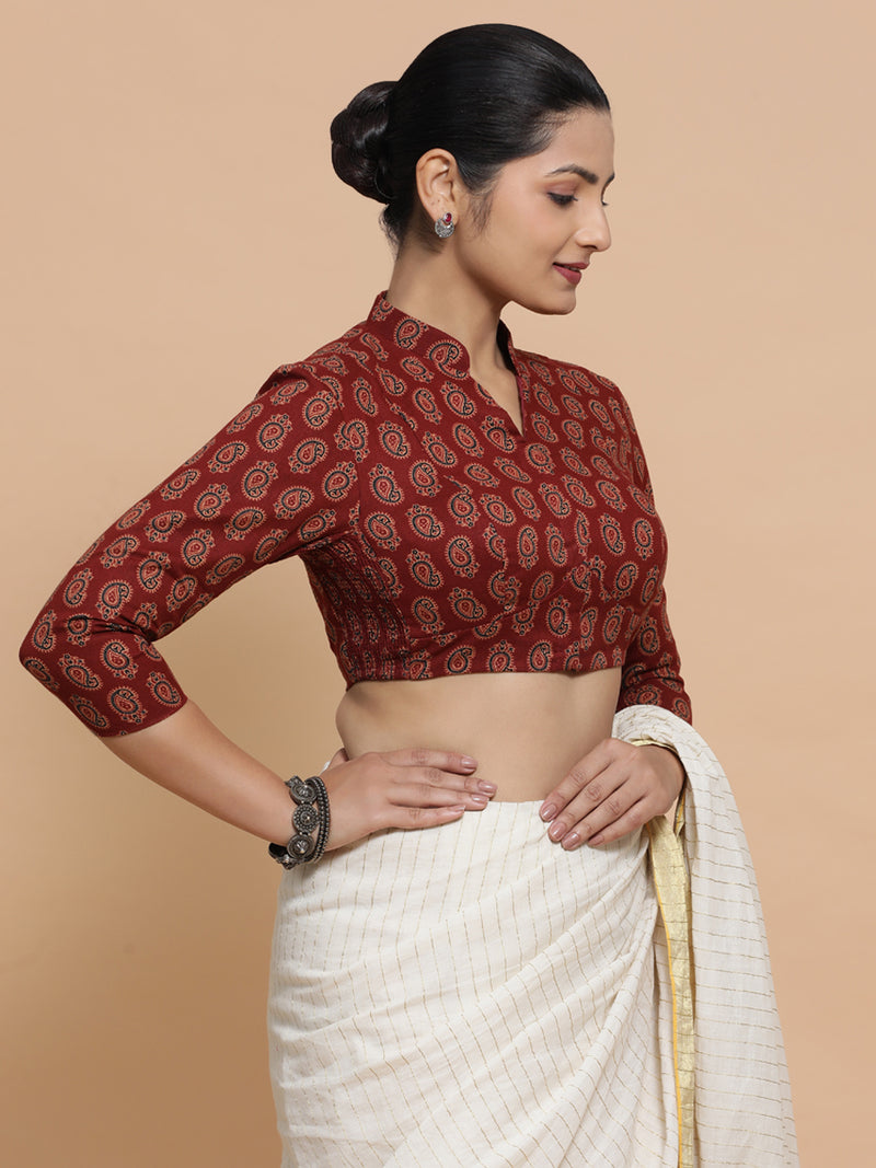 Inaaya x Rozaana | Three Quarter Sleeves Cotton Saree Blouse in Red Mango Block Print Fabric-Binks