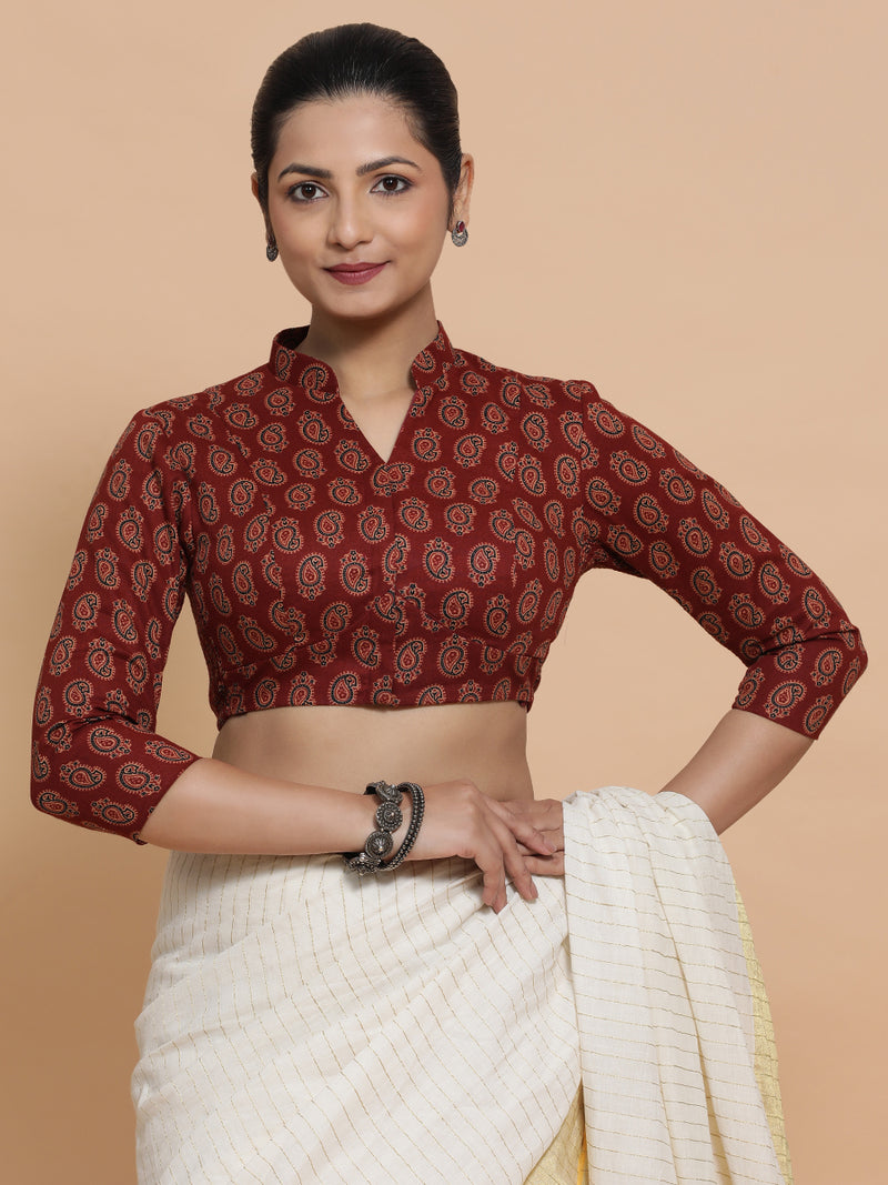 Inaaya x Rozaana | Three Quarter Sleeves Cotton Saree Blouse in Red Mango Block Print Fabric-Binks