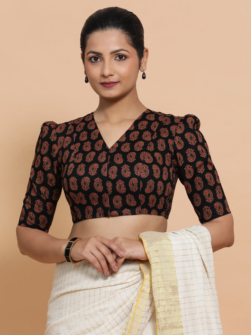 Indira x Rozaana | Elbow Sleeves Cotton Saree Blouse in Black Mango Block Print Fabric-Binks