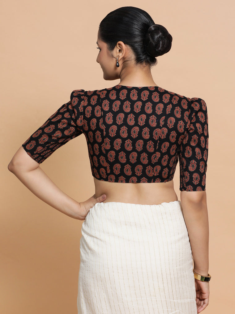 Indira x Rozaana Saree Blouse, in Black Cotton, featuring elbow sleeves and v-neckline, made for daily & work (view 2).