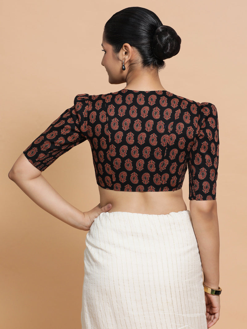 Indira x Rozaana | Elbow Sleeves Cotton Saree Blouse in Black Mango Block Print Fabric-Binks