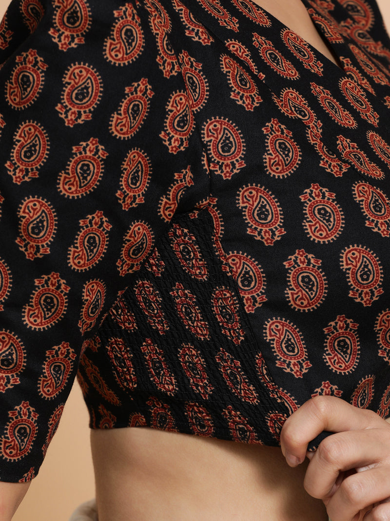 Indira x Rozaana | Elbow Sleeves Cotton Saree Blouse in Black Mango Block Print Fabric-Binks