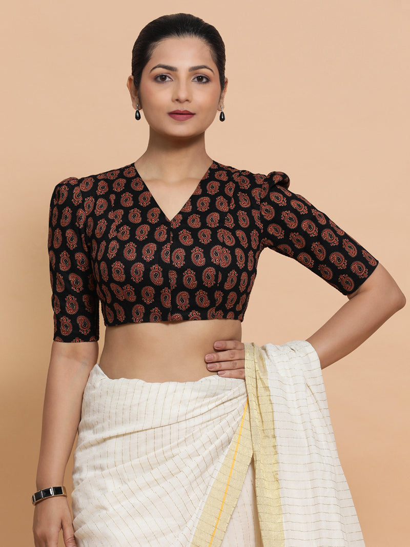 Indira x Rozaana | Elbow Sleeves Cotton Saree Blouse in Black Mango Block Print Fabric-Binks