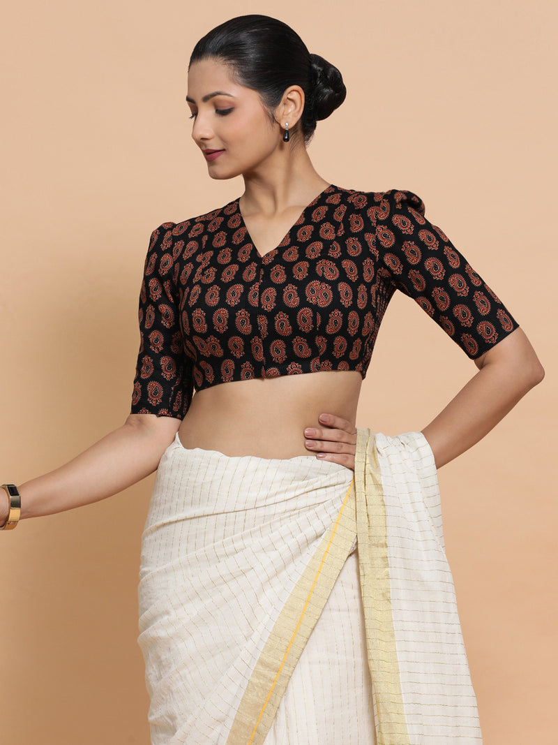 Indira x Rozaana | Elbow Sleeves Cotton Saree Blouse in Black Mango Block Print Fabric-Binks