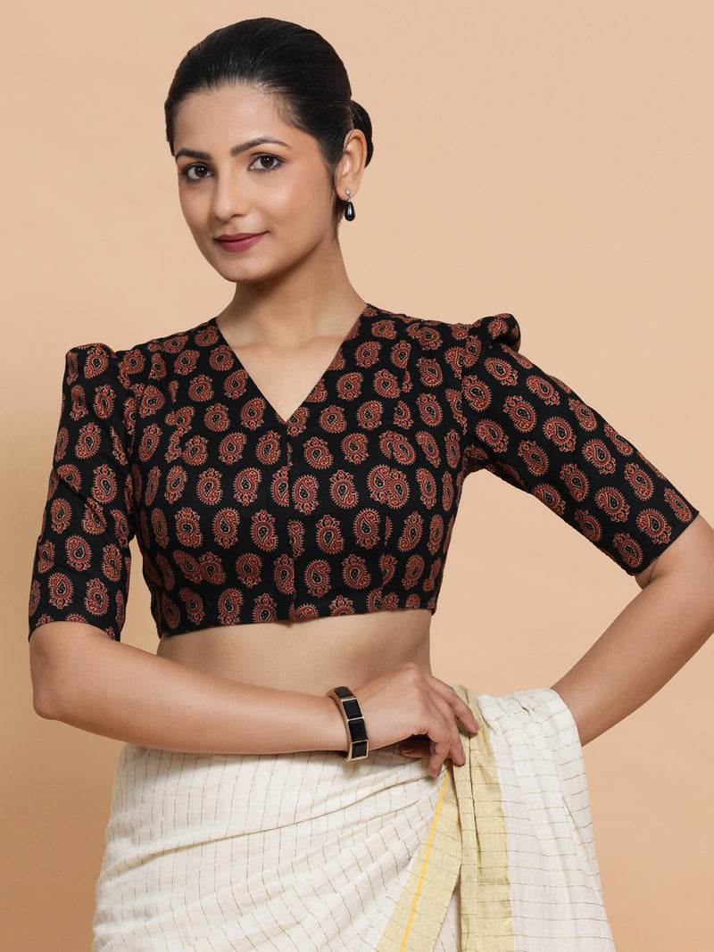 Indira x Rozaana | Elbow Sleeves Cotton Saree Blouse in Black Mango Block Print Fabric-Binks