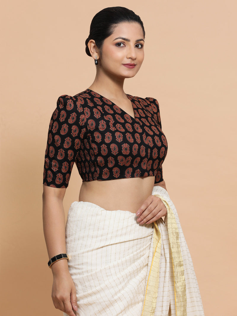 Indira x Rozaana | Elbow Sleeves Cotton Saree Blouse in Black Mango Block Print Fabric-Binks