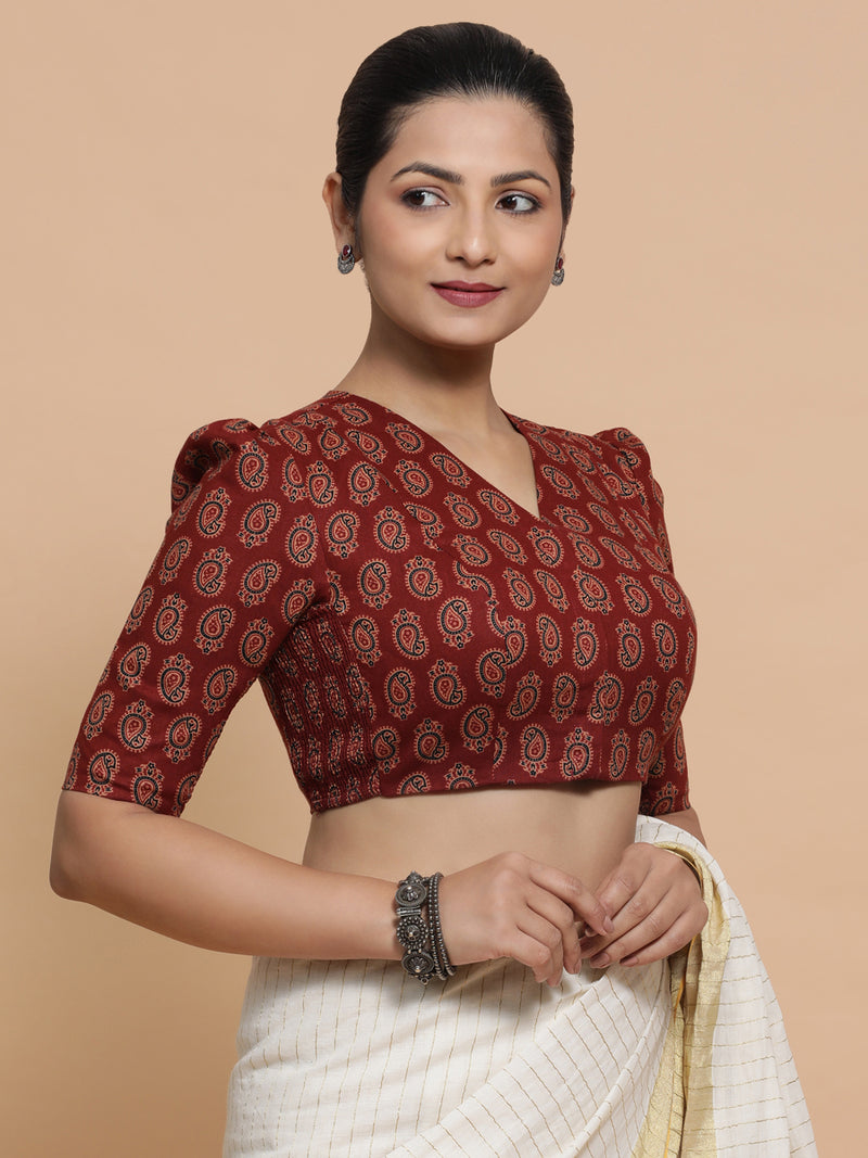 Indira x Rozaana | Elbow Sleeves Cotton Saree Blouse in Red Mango Block Print Fabric-Binks