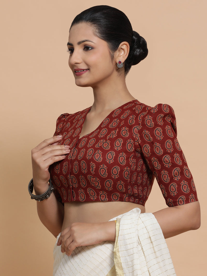 Indira x Rozaana | Elbow Sleeves Cotton Saree Blouse in Red Mango Block Print Fabric-Binks