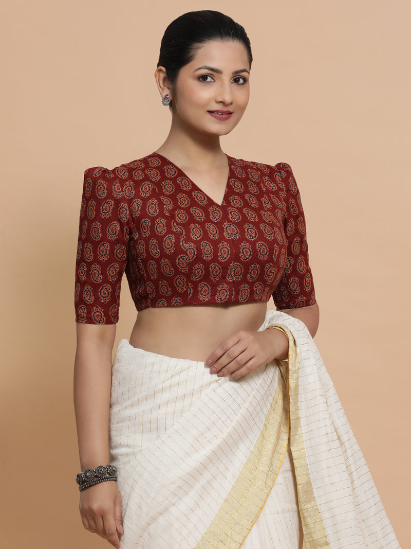 Indira x Rozaana | Elbow Sleeves Cotton Saree Blouse in Red Mango Block Print Fabric-Binks