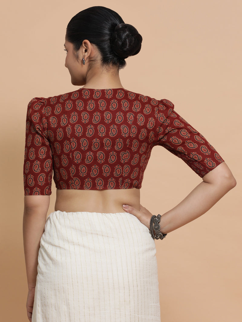 Indira x Rozaana | Elbow Sleeves Cotton Saree Blouse in Red Mango Block Print Fabric-Binks