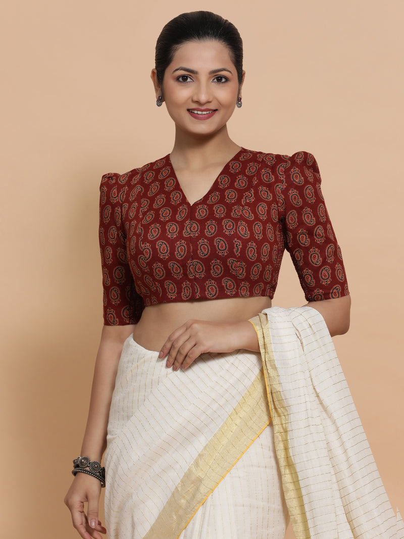 Indira x Rozaana | Elbow Sleeves Cotton Saree Blouse in Red Mango Block Print Fabric-Binks
