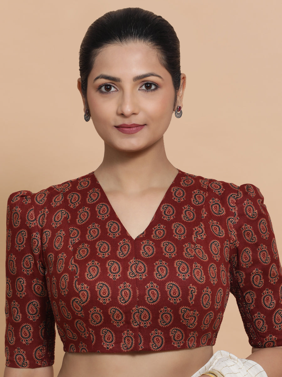 Indira x Rozaana Saree Blouse, in Red Cotton, featuring elbow sleeves and v-neckline, made for daily & work (view 8).