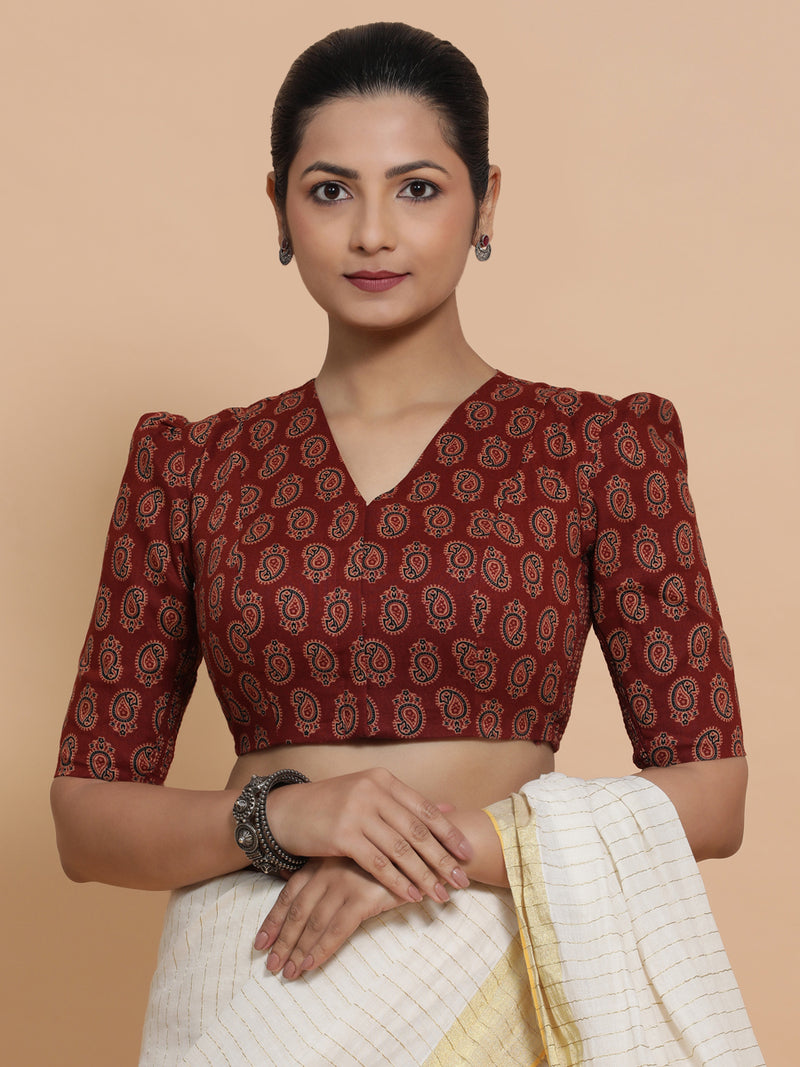 Indira x Rozaana | Elbow Sleeves Cotton Saree Blouse in Red Mango Block Print Fabric-Binks