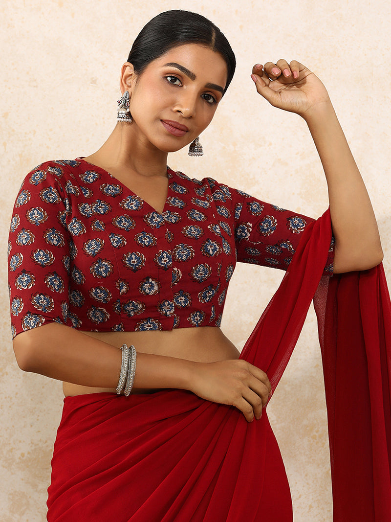 Indu x Rozaana | Elbow Sleeves Saree Blouse in Crimson Field Block Print Cotton-Binks
