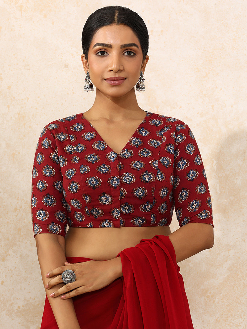 Indu x Rozaana | Elbow Sleeves Saree Blouse in Crimson Field Block Print Cotton-Binks