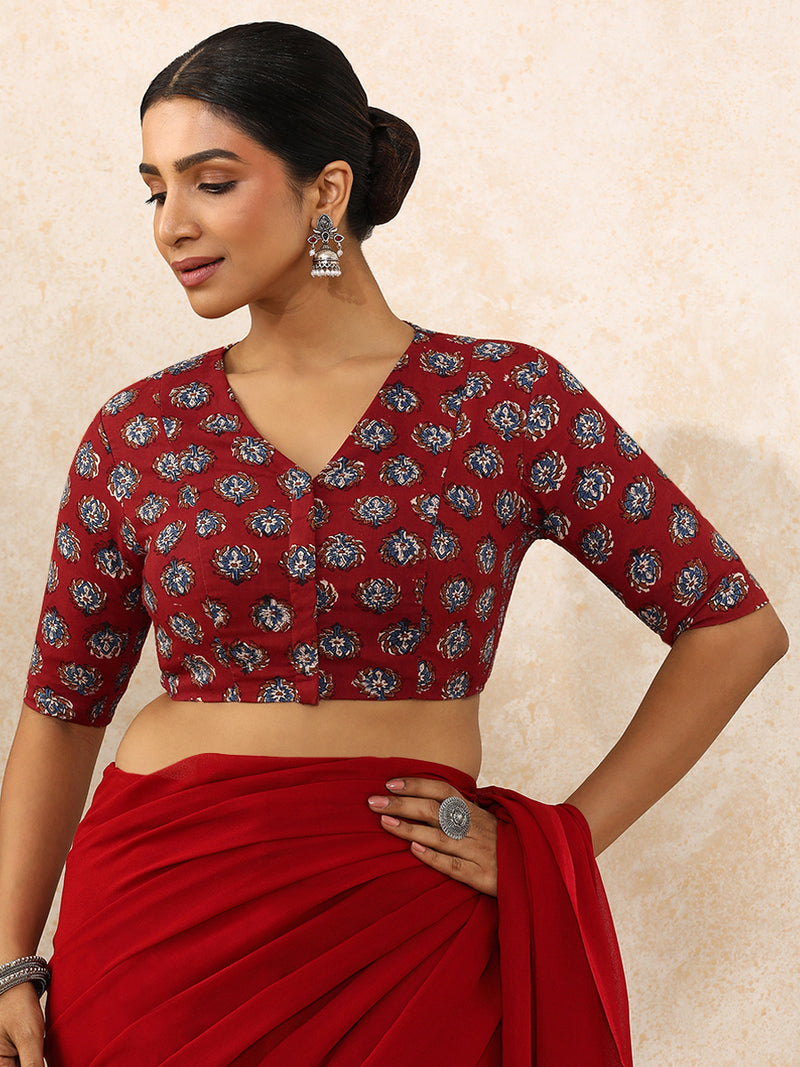 Indu x Rozaana | Elbow Sleeves Saree Blouse in Crimson Field Block Print Cotton-Binks