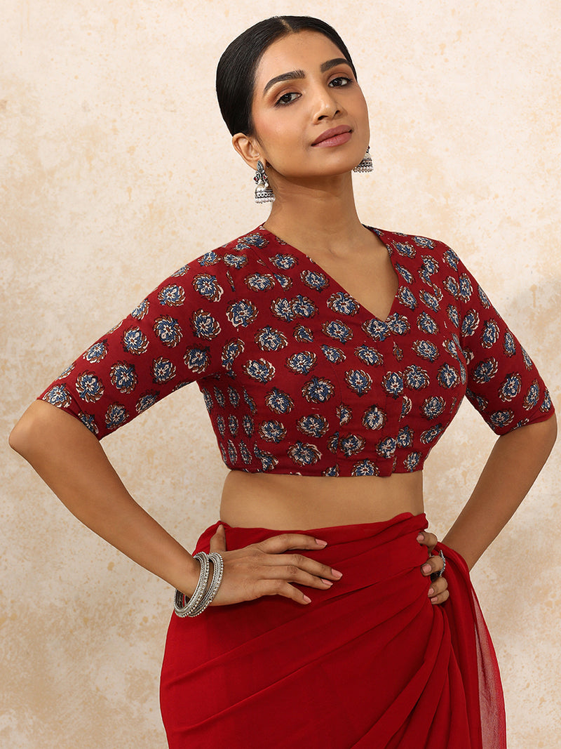 Indu x Rozaana | Elbow Sleeves Saree Blouse in Crimson Field Block Print Cotton-Binks