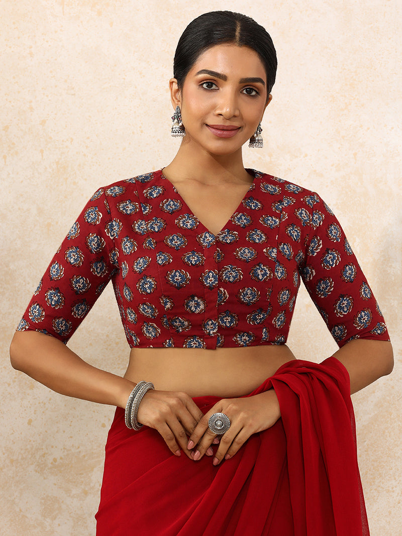 Indu x Rozaana | Elbow Sleeves Saree Blouse in Crimson Field Block Print Cotton-Binks