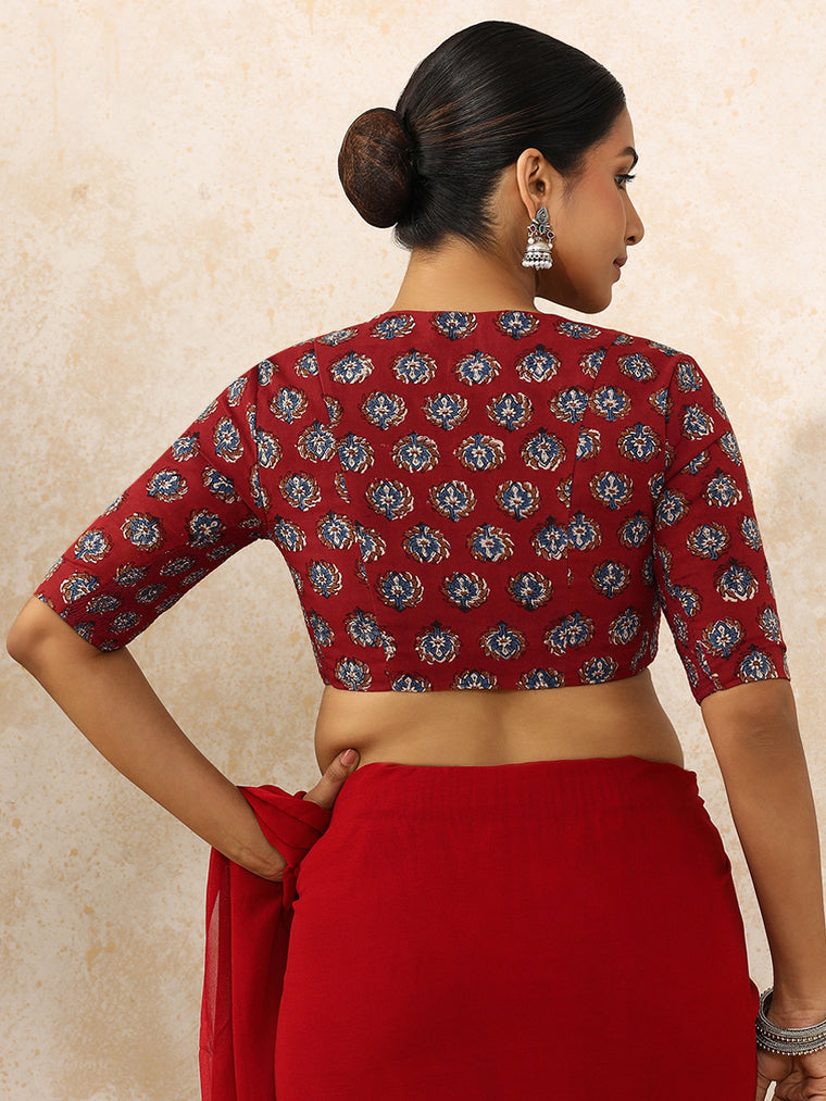 Indu x Rozaana Saree Blouse, in Red 100% Cotton - Block Printed, featuring elbow sleeves and v-neckline (view 2).