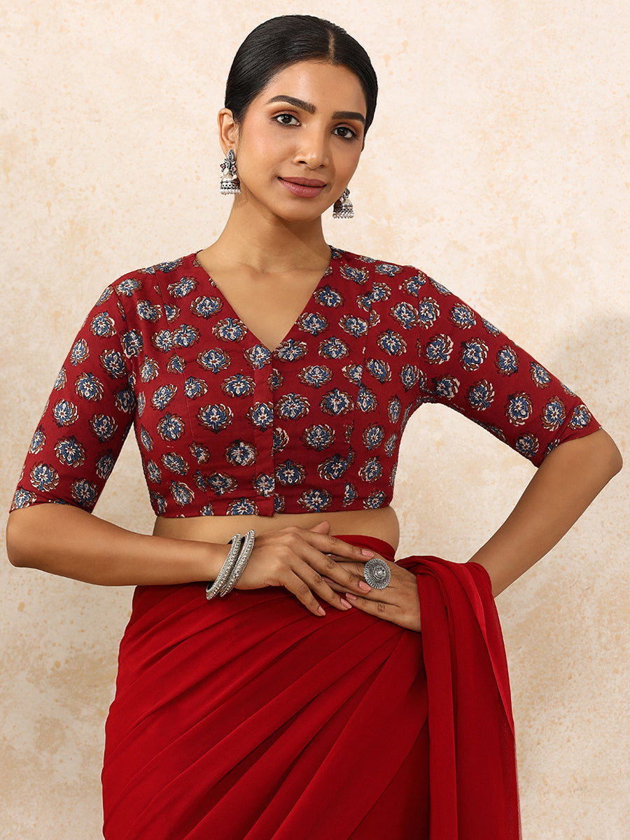 Indu x Rozaana Saree Blouse, in Red 100% Cotton - Block Printed, featuring elbow sleeves and v-neckline (view 5).