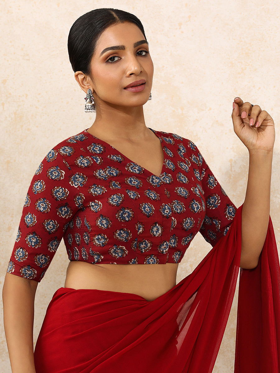 Indu x Rozaana Saree Blouse, in Red 100% Cotton - Block Printed, featuring elbow sleeves and v-neckline (view 7).