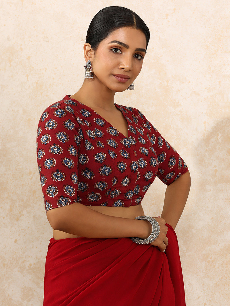 Indu x Rozaana | Elbow Sleeves Saree Blouse in Crimson Field Block Print Cotton-Binks
