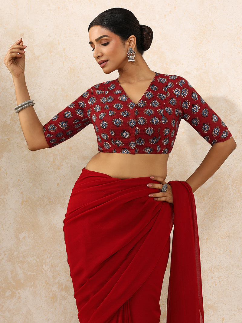 Indu x Rozaana | Elbow Sleeves Saree Blouse in Crimson Field Block Print Cotton-Binks