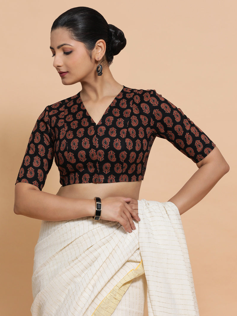 Ishani x Rozaana | Elbow Sleeves Cotton Saree Blouse in Black Mango Block Print Fabric-Binks