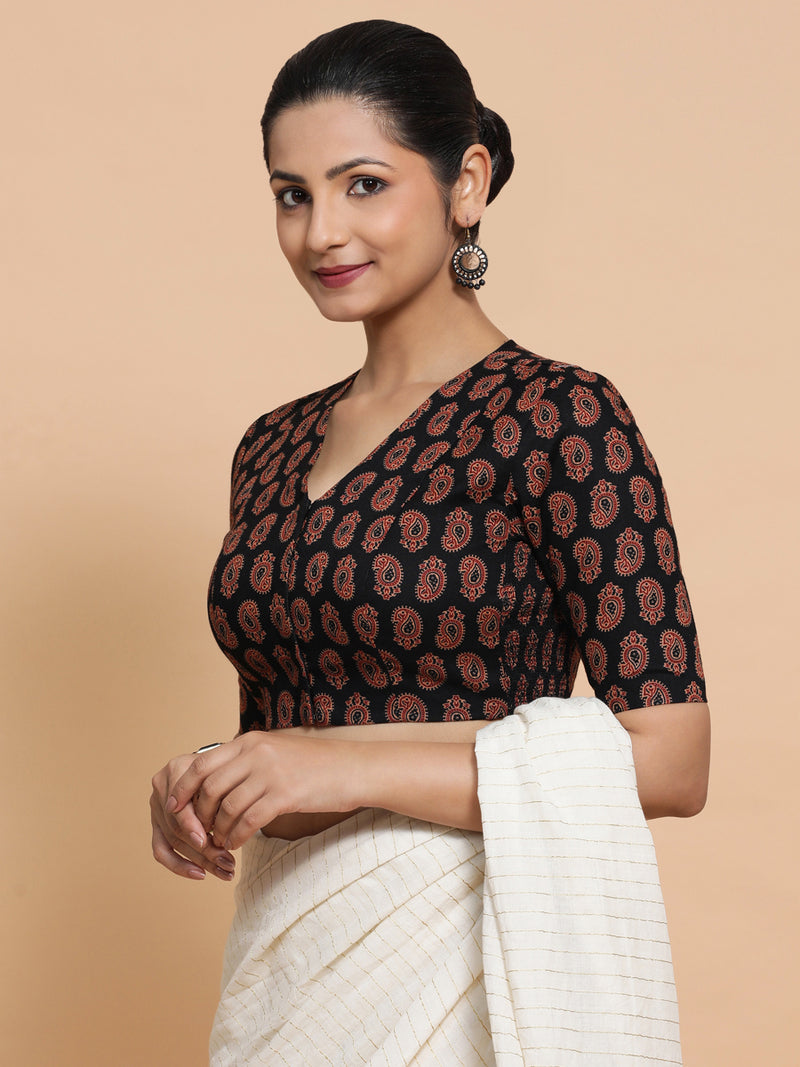 Ishani x Rozaana | Elbow Sleeves Cotton Saree Blouse in Black Mango Block Print Fabric-Binks