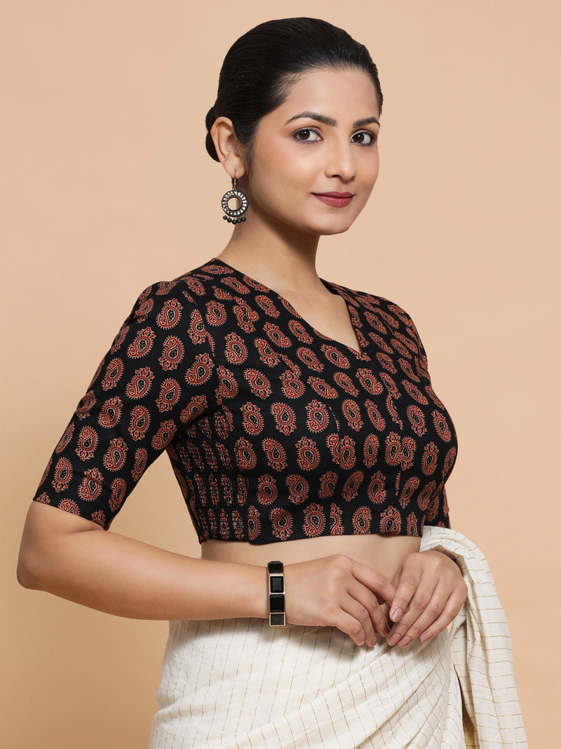 Ishani x Rozaana | Elbow Sleeves Cotton Saree Blouse in Black Mango Block Print Fabric-Binks