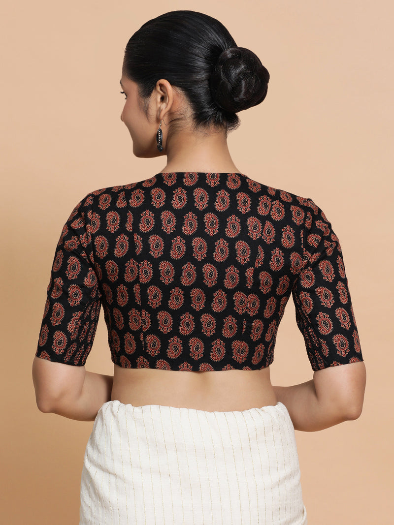 Ishani x Rozaana | Elbow Sleeves Cotton Saree Blouse in Black Mango Block Print Fabric-Binks