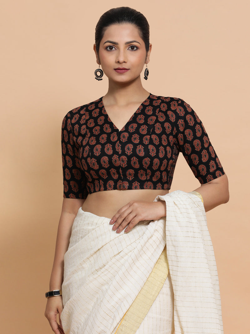 Ishani x Rozaana | Elbow Sleeves Cotton Saree Blouse in Black Mango Block Print Fabric-Binks