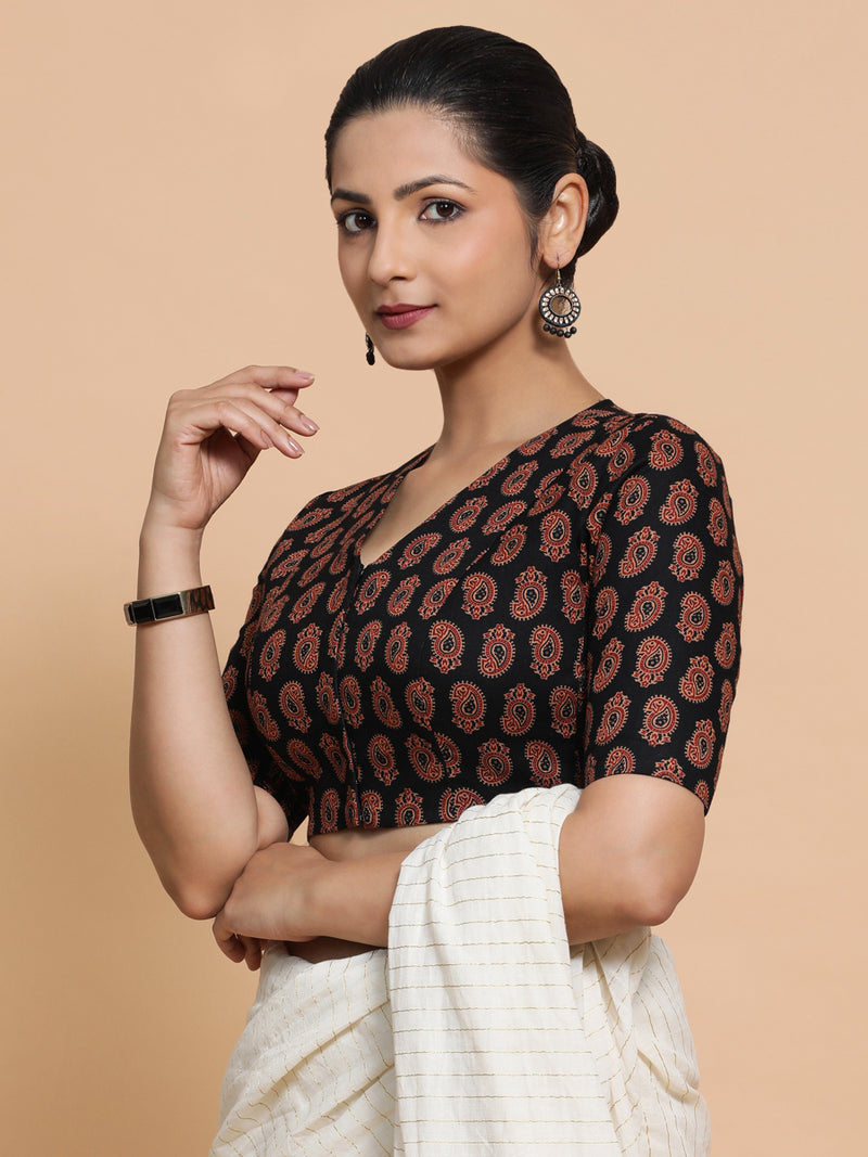 Ishani x Rozaana | Elbow Sleeves Cotton Saree Blouse in Black Mango Block Print Fabric-Binks