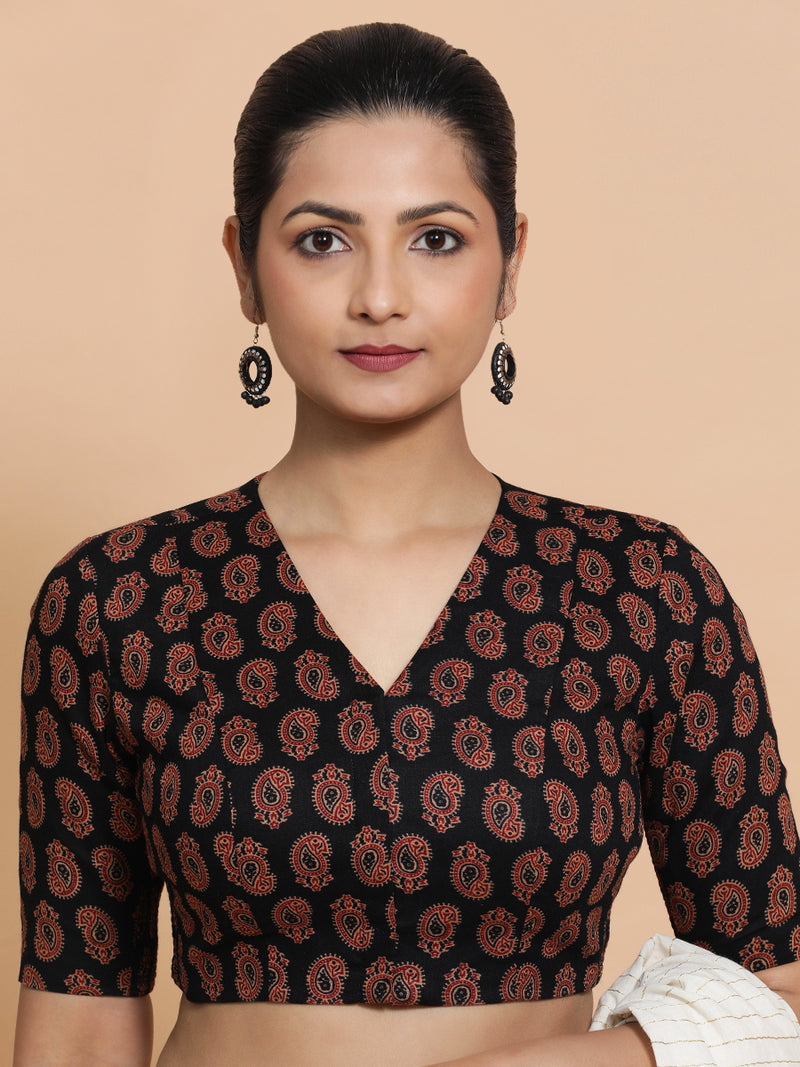 Ishani x Rozaana | Elbow Sleeves Cotton Saree Blouse in Black Mango Block Print Fabric-Binks
