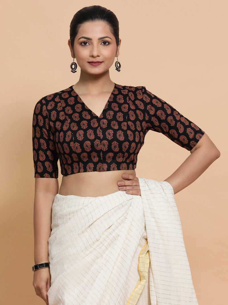 Ishani x Rozaana | Elbow Sleeves Cotton Saree Blouse in Black Mango Block Print Fabric-Binks