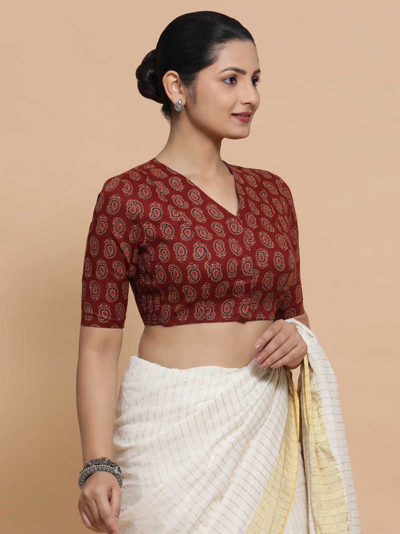 Ishani x Rozaana | Elbow Sleeves Cotton Saree Blouse in Red Mango Block Print Fabric-Binks