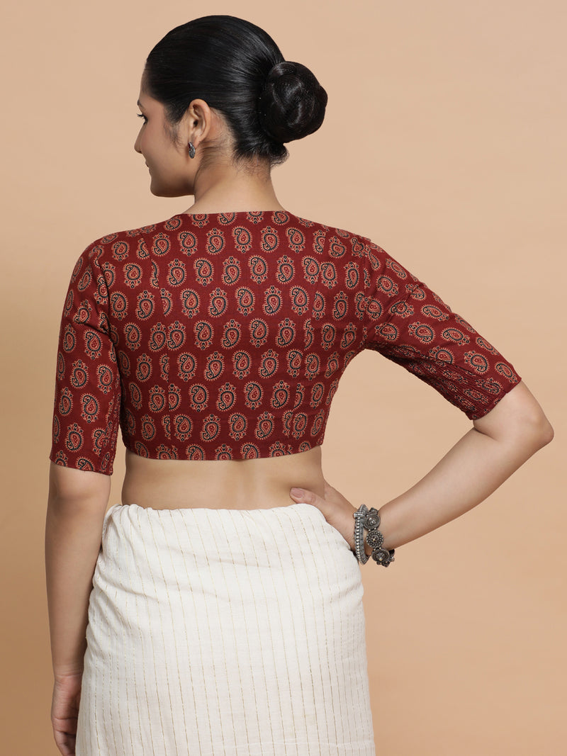 Ishani x Rozaana | Elbow Sleeves Cotton Saree Blouse in Red Mango Block Print Fabric-Binks