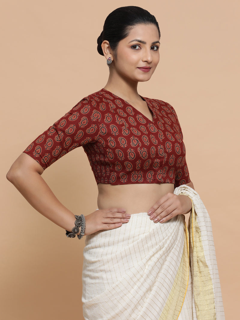 Ishani x Rozaana | Elbow Sleeves Cotton Saree Blouse in Red Mango Block Print Fabric-Binks