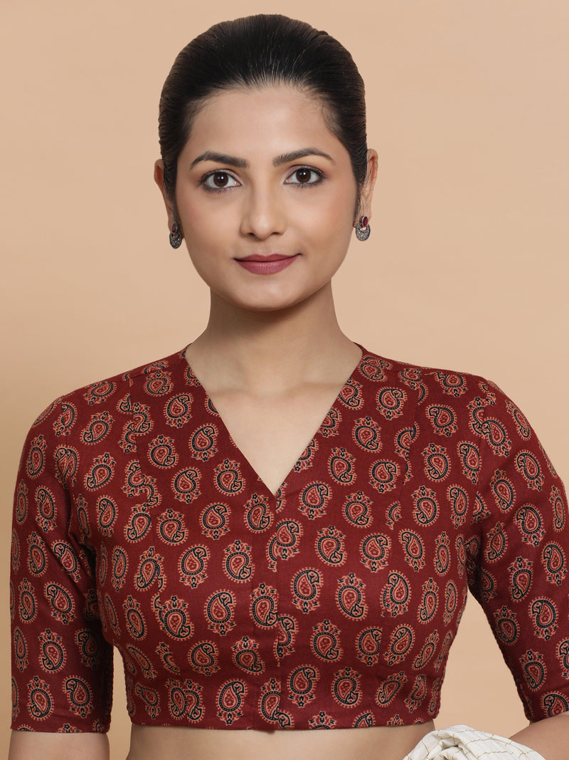 Ishani x Rozaana | Elbow Sleeves Cotton Saree Blouse in Red Mango Block Print Fabric-Binks