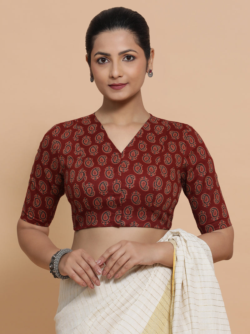 Ishani x Rozaana | Elbow Sleeves Cotton Saree Blouse in Red Mango Block Print Fabric-Binks