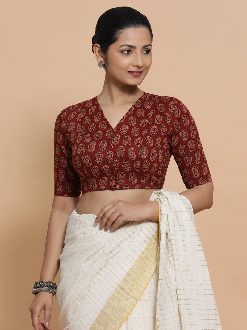 Ishani x Rozaana | Elbow Sleeves Cotton Saree Blouse in Red Mango Block Print Fabric-Binks