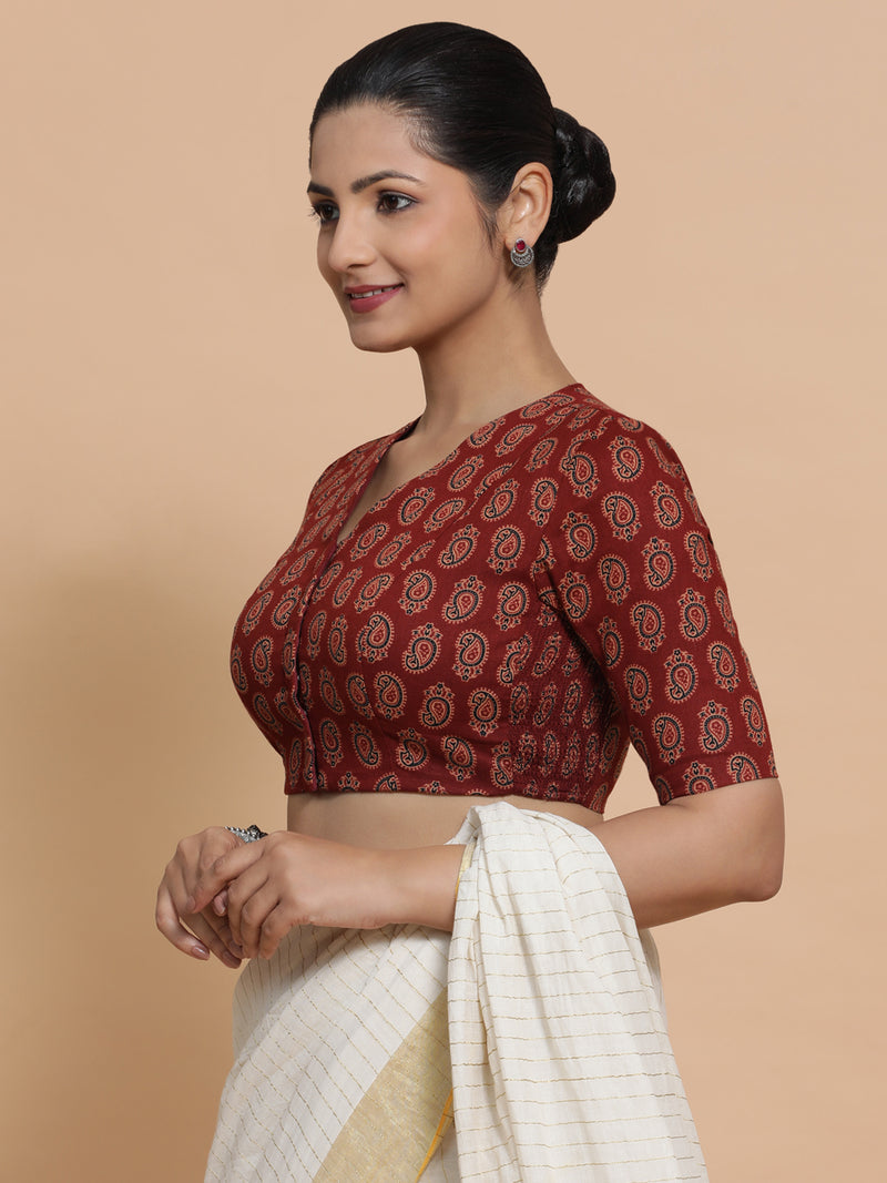 Ishani x Rozaana | Elbow Sleeves Cotton Saree Blouse in Red Mango Block Print Fabric-Binks