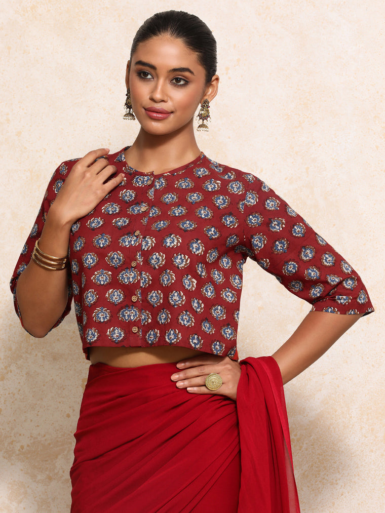 Ishanya x Rozaana Saree Blouse, in Red 100% Cotton - Block Printed, featuring elbow sleeves and jewel neckline.