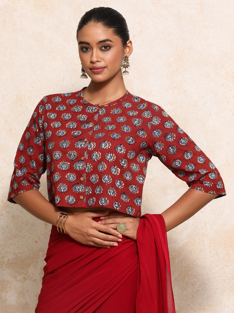 Ishanya x Rozaana | Elbow Sleeves Saree Blouse in Crimson Field Block Print Cotton-Binks