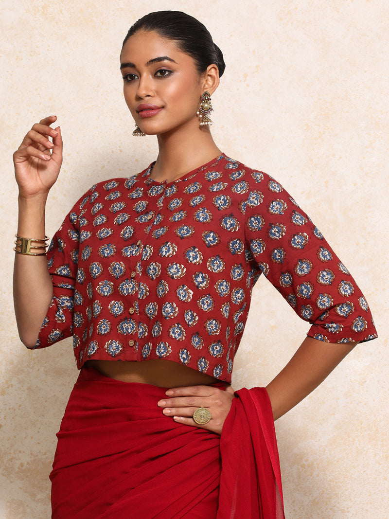 Ishanya x Rozaana | Elbow Sleeves Saree Blouse in Crimson Field Block Print Cotton-Binks