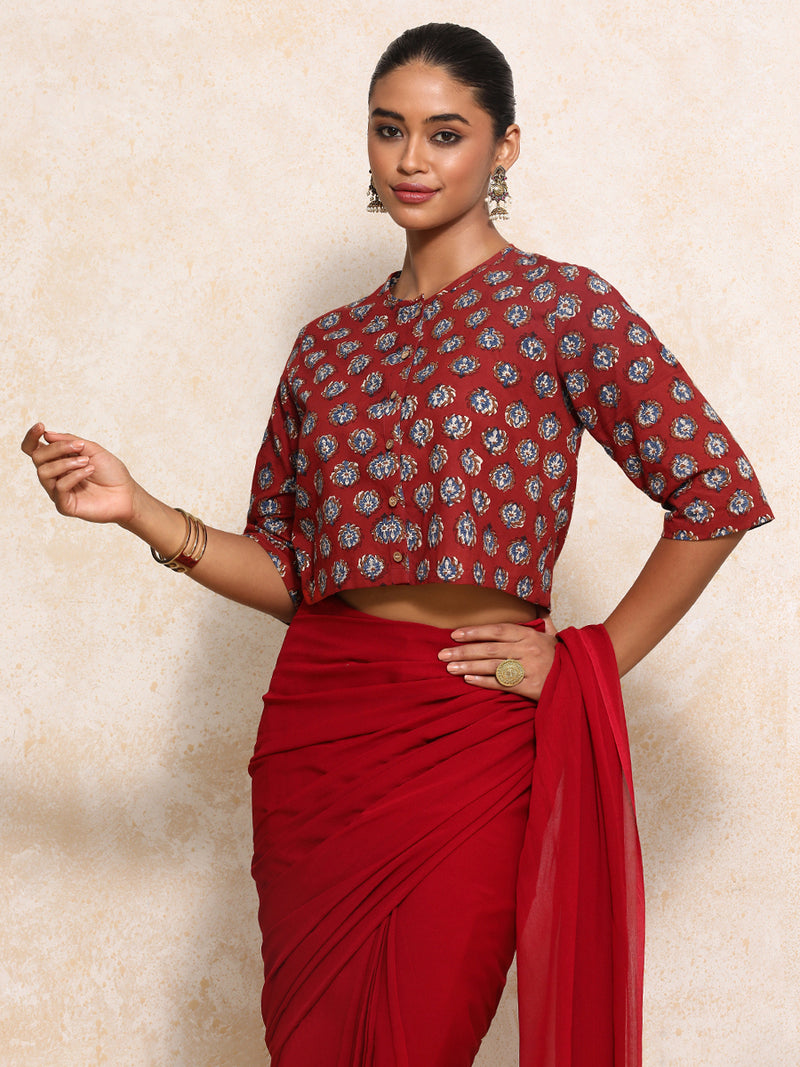 Ishanya x Rozaana | Elbow Sleeves Saree Blouse in Crimson Field Block Print Cotton-Binks